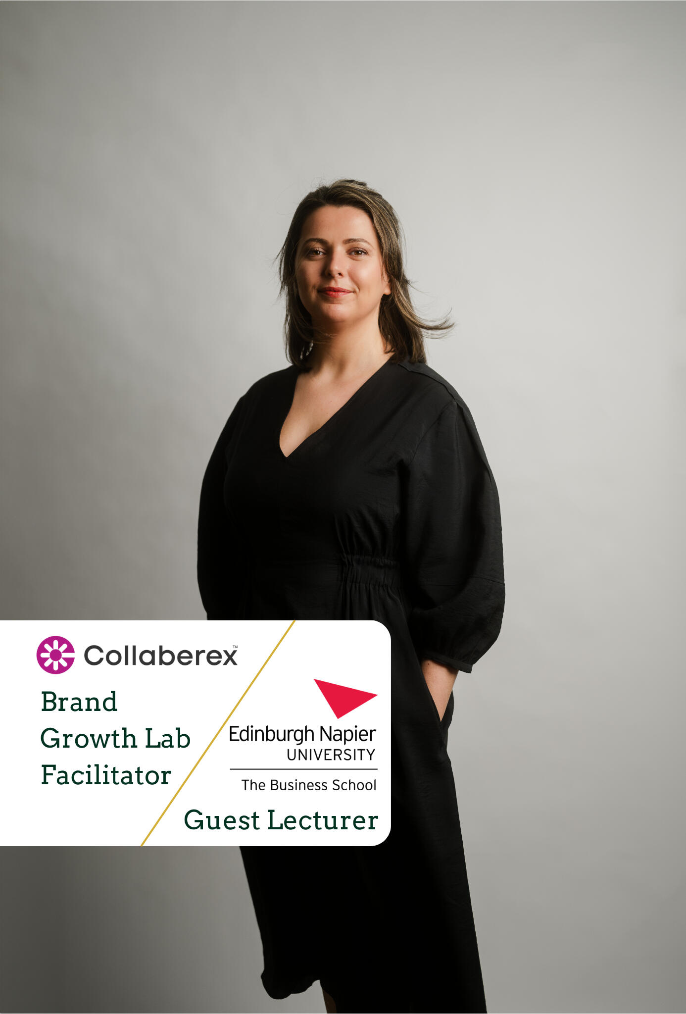 Portrait of Kitti Majoran. In the bottom left corner, a graphic can be seen. On the graphic, there's the writing 'Brand Growth Lab Facilitator' and the logo of Collaberex, where Kitti runs a brand growth lab + the writing 'Guest Lecturer' and the logo of E