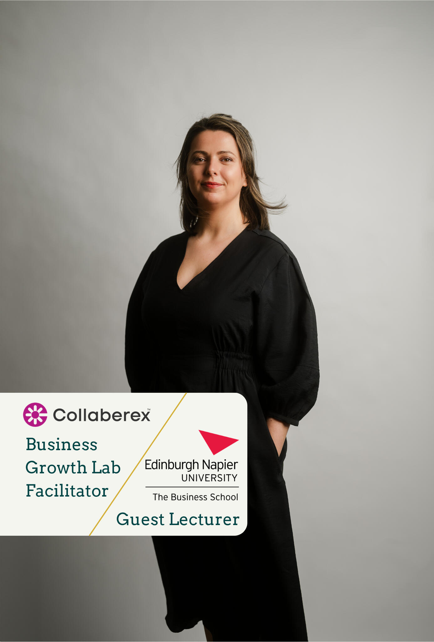 Portrait of Kitti Majoran. In the bottom left corner, a graphic can be seen. On the graphic, there's the writing 'Business Growth Lab Facilitator' and the logo of Collaberex, where Kitti runs a brand growth lab + the writing 'Guest Lecturer' and the logo o
