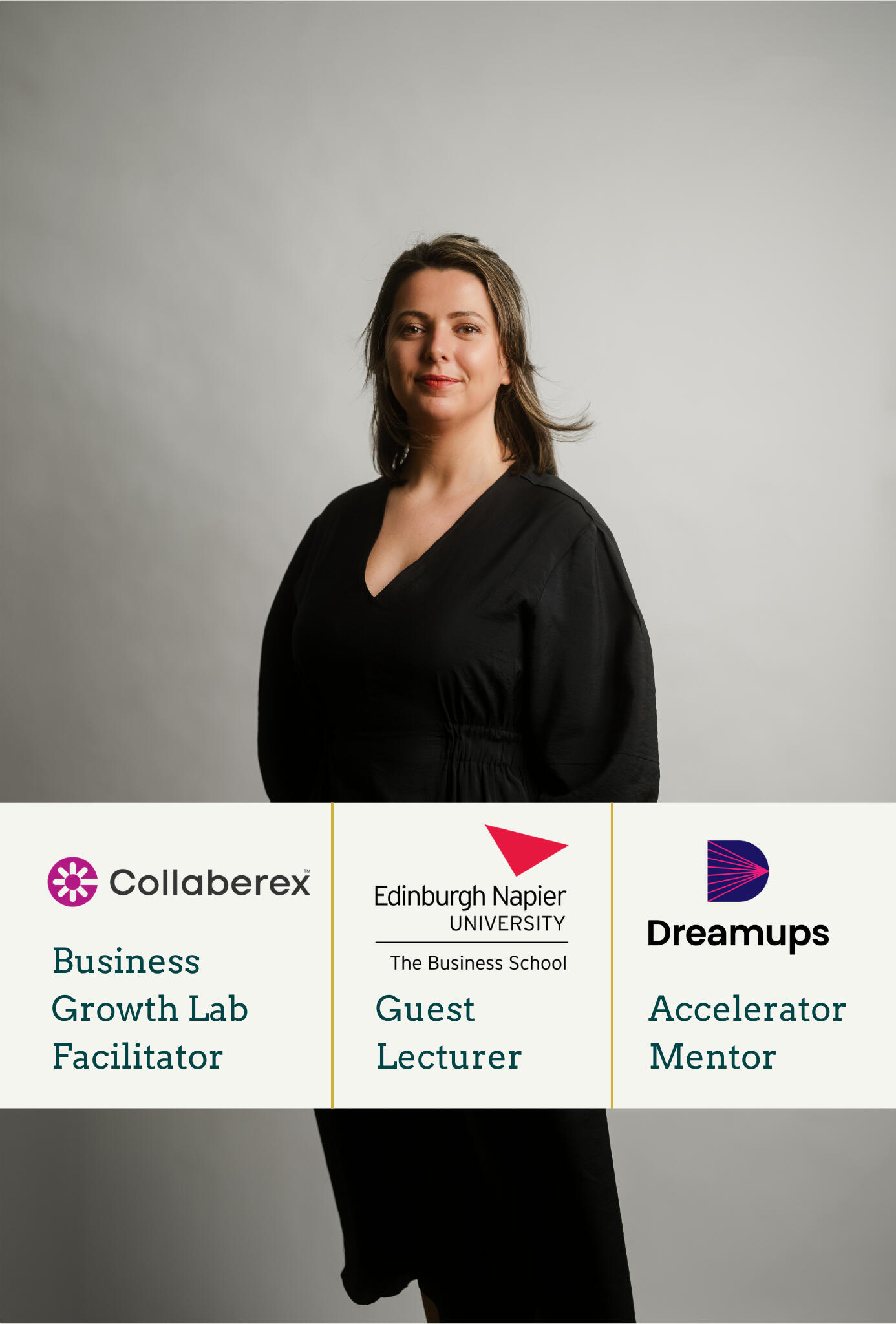 Portrait of Kitti Majoran. In the bottom left corner, a graphic can be seen. On the graphic, there's the writing 'Business Growth Lab Facilitator' and the logo of Collaberex, where Kitti runs a brand growth lab + the writing 'Guest Lecturer' and the logo o